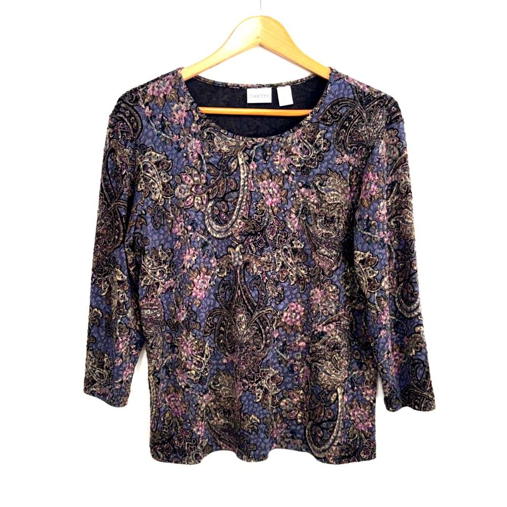 Chico's 3/4 sleeves cropped top fall purple floral stretch t shirt women L